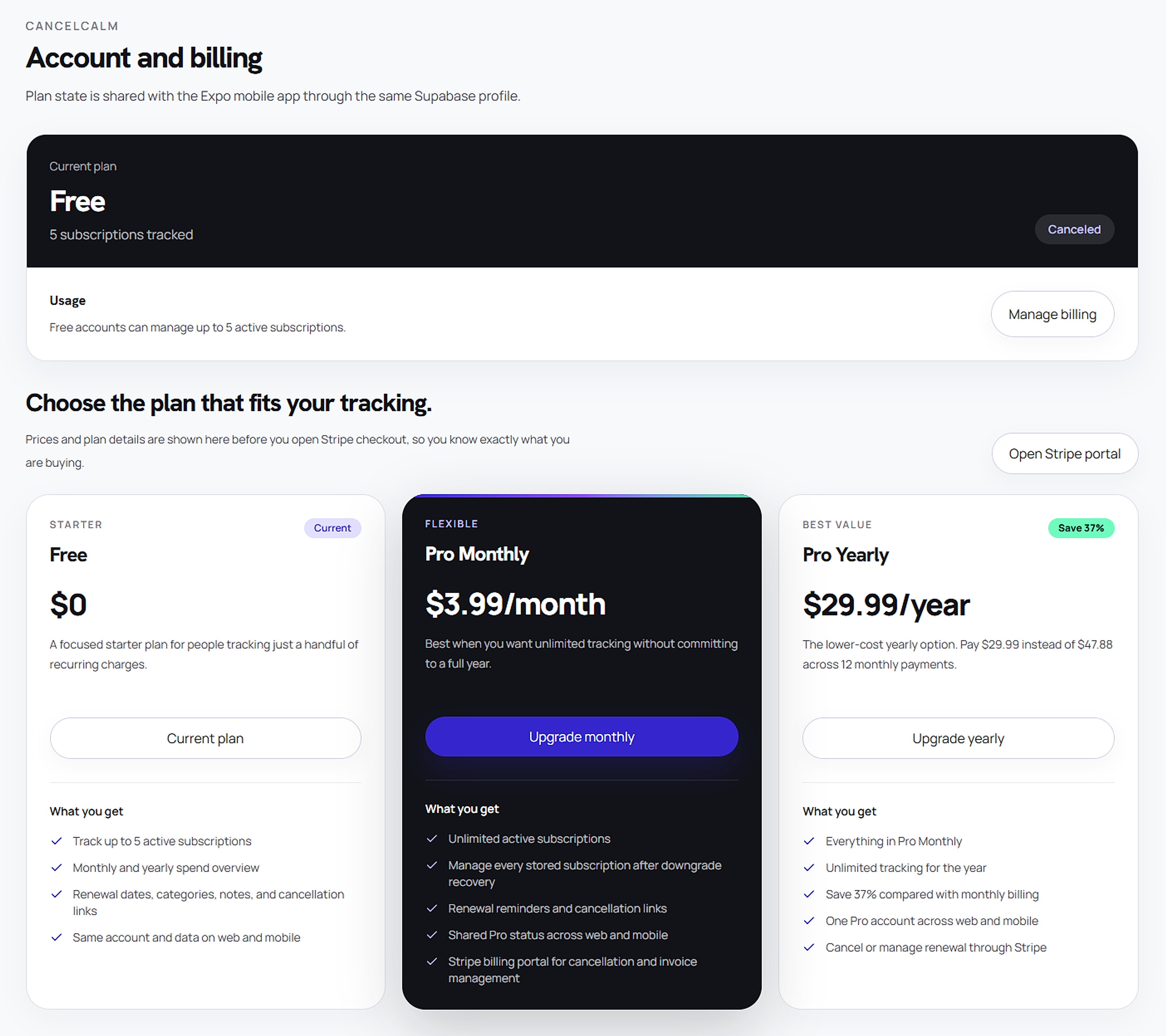 CancelCalm - Billing & Plans preview